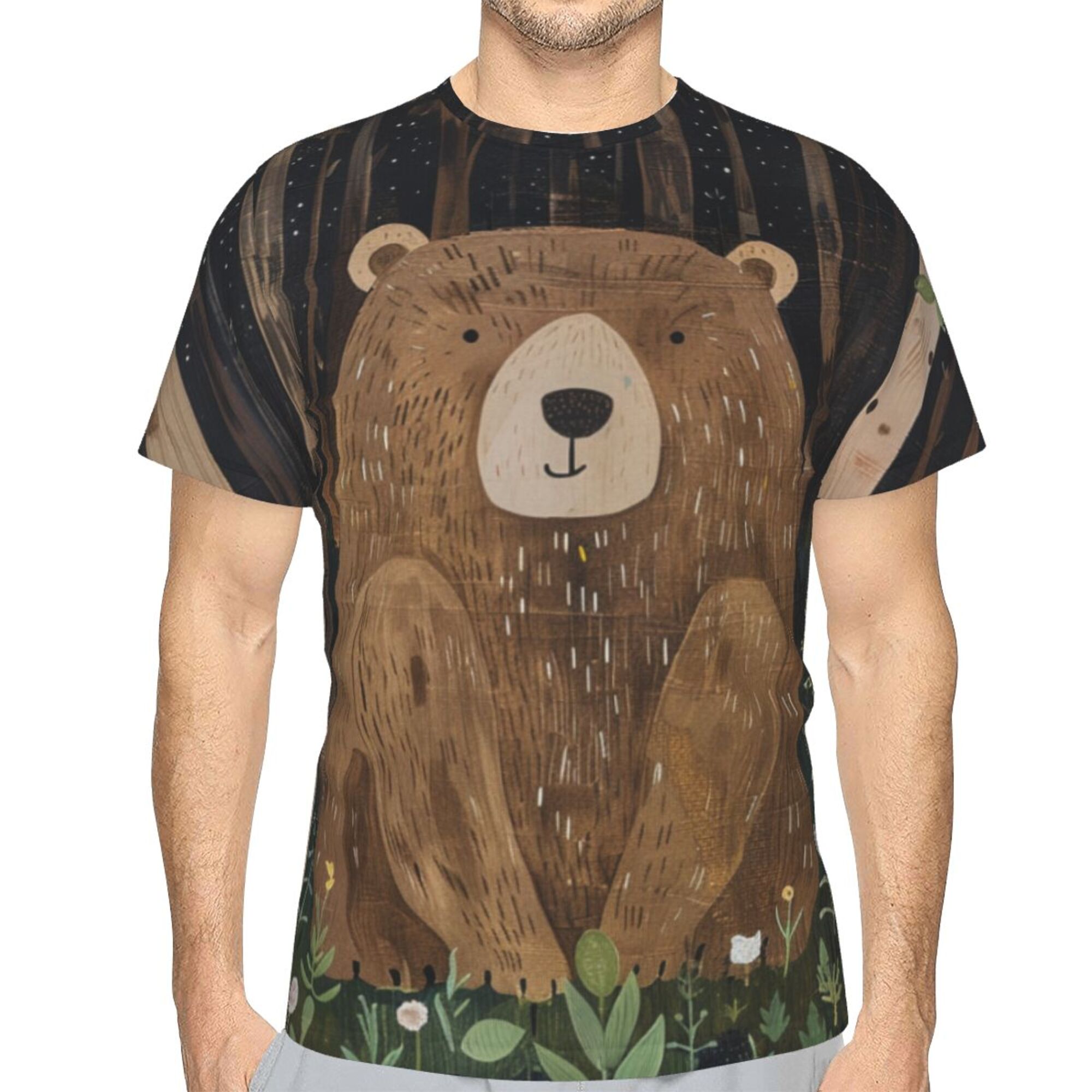 Men's Cartoon Forest Bear Graphic T-Shirt